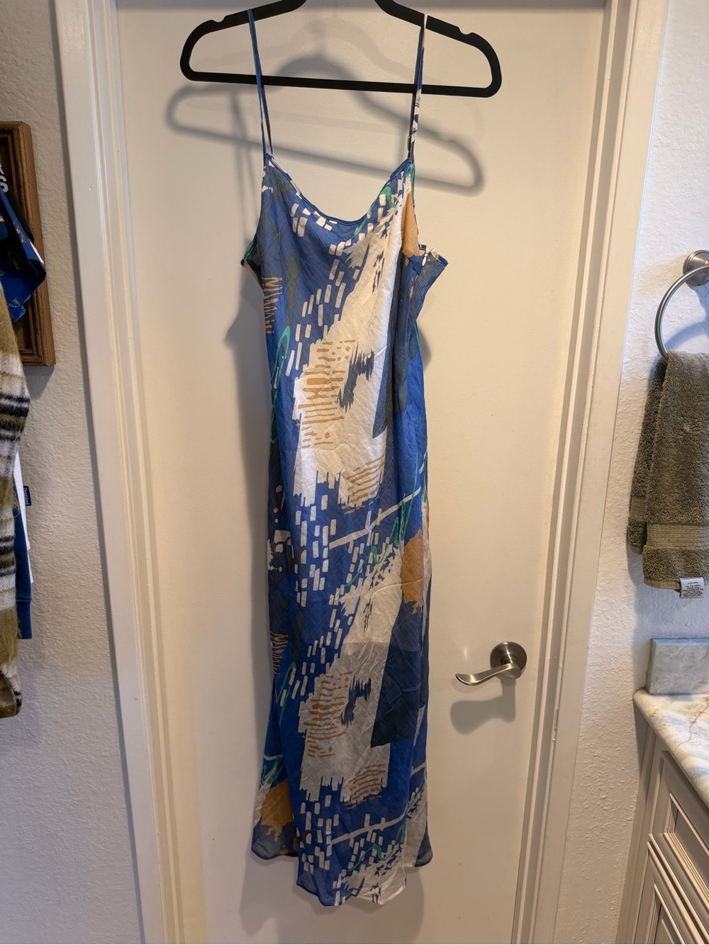 Le Lis Blue Abstract Maxi Slip Dress with Cream and Tan Accents